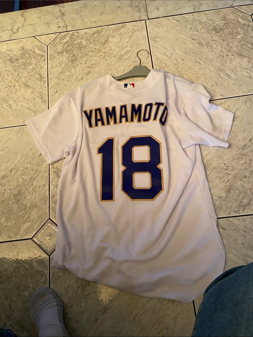Nike White Dodgers Baseball Jersey with Blue and Gold Script - Picture 4 of 4